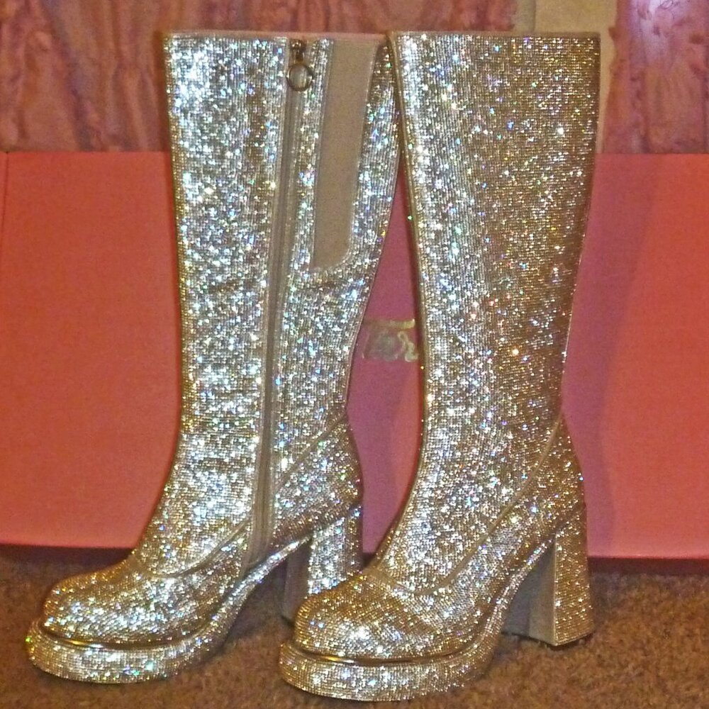 Sugar Thrillz Queen Dolls Silver Rhinestone Platform Knee Boots 11 Drag New Box